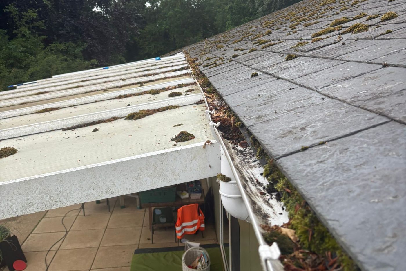 Moss and debris in a roof gutter